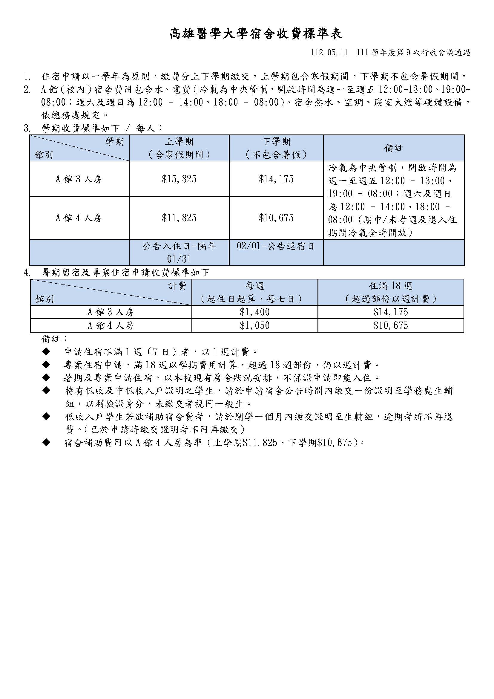 宿舍收費標準表